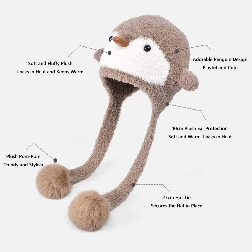Gorro informal de invierno con pingüino de dibujos animados para mujer, gorro de punto versátil con protección para los oídos, gorro de esquí