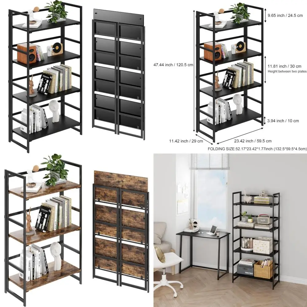 

Multifunctional Folding 4-Tier Bookshelf, Plant Stand Storage Rack for Home Office (All Black)