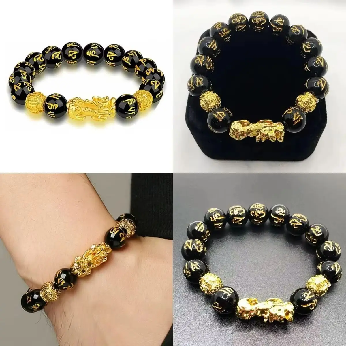 

Unisex Obsidian Stone Beads Bracelet Pixiu Design Black Wealth Luck Jewelry for Men Women
