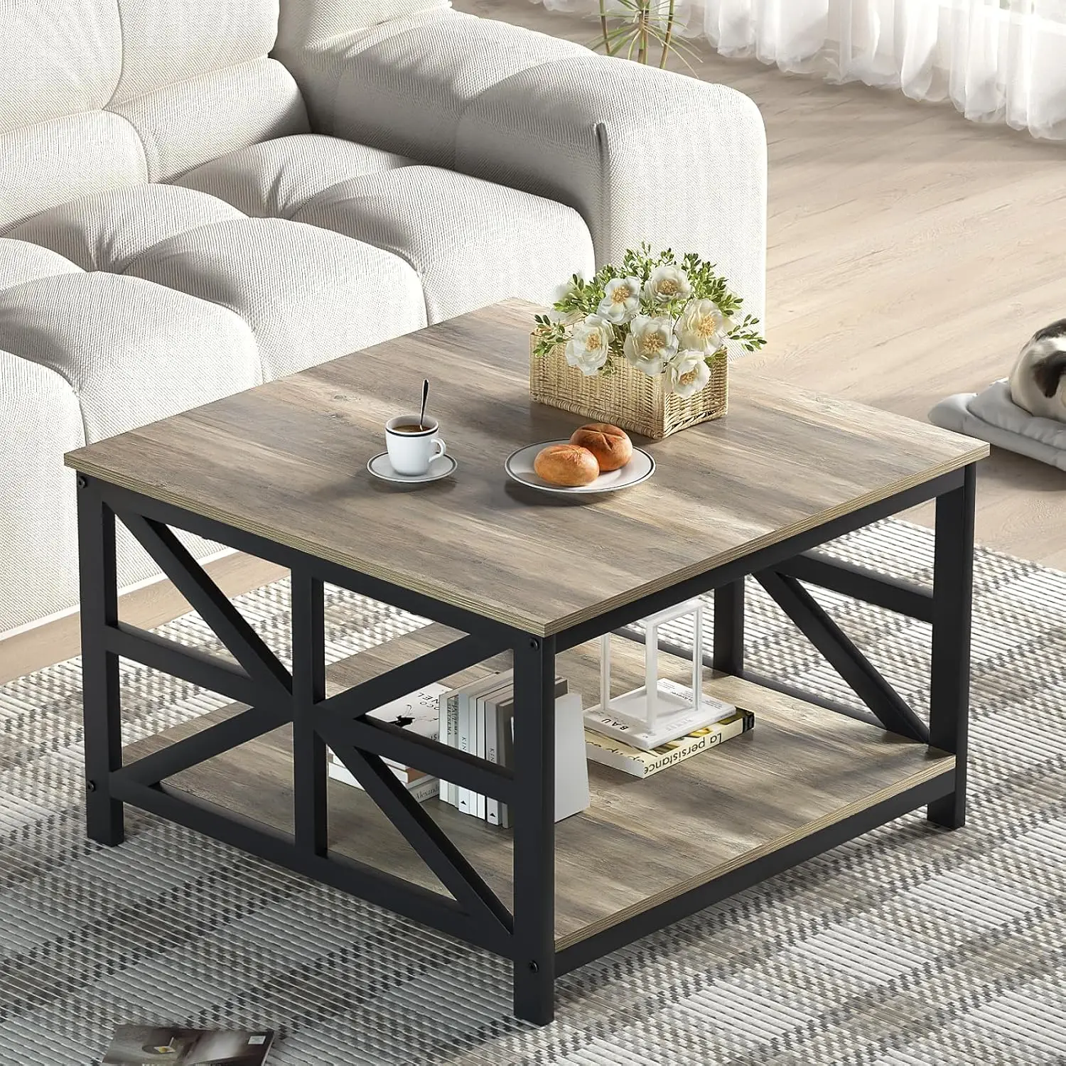 

Modern Living Room Coffee Table with 2 Tier Storage, Small Square Wood and Metal Farmhouse Center Table, Customized