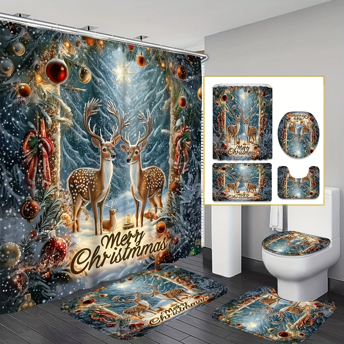 

4PCS Christmas Winter Shower Set, Reindeer Print White Green Theme 12 Hooks Non-Slip Mat U-Seat Cover Holiday Decor