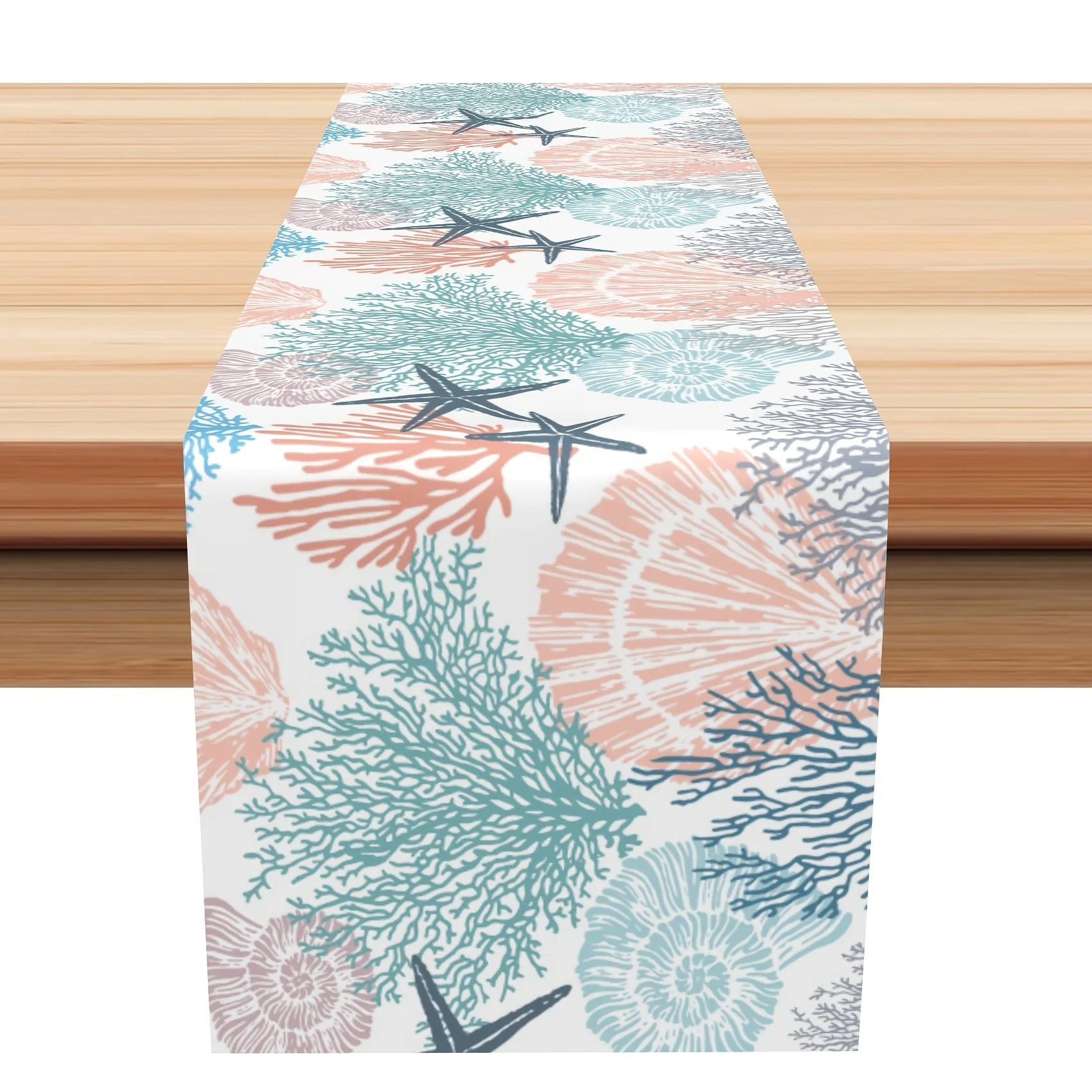 Ocean Table Runner, Coral Starfish Sea Anemone Print, Coastal Beach Nautical Theme Dining Table Home Party Decor
