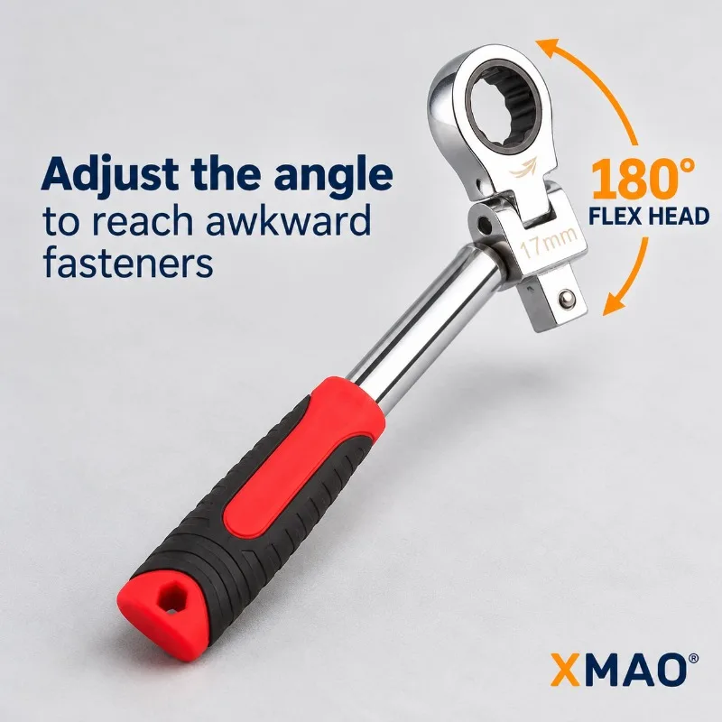 XMAO 8/9 Piece Flex Head Ratchet Wrench Set, 180 Degree Pivoting Interchangeable Box End Heads for Automotive Repair Hand Tools