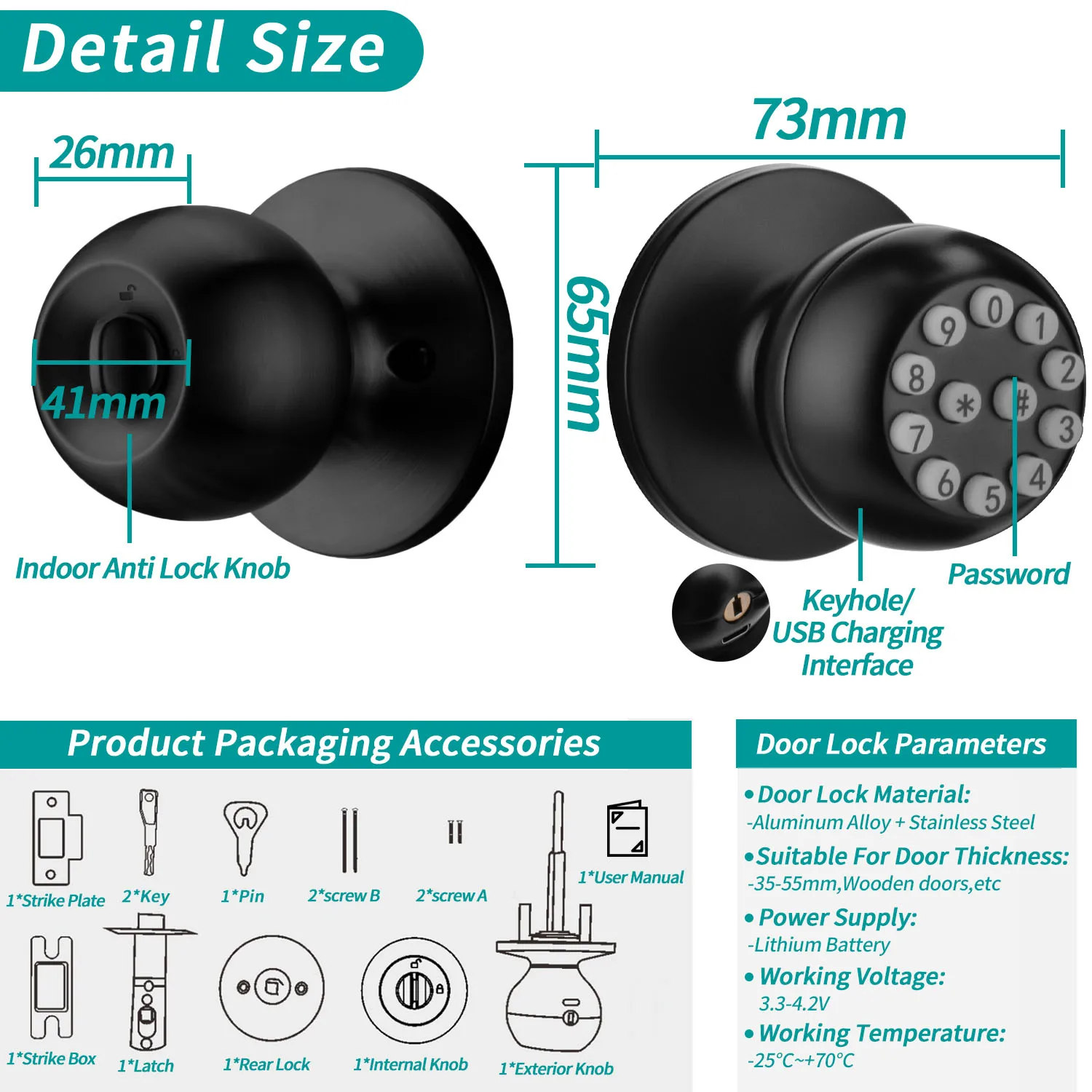 Smart Door knob, Fingerprint Smart Lock Biometric Door knob with App Control, Great for Bedrooms,Cloakroom,Apartments Offices