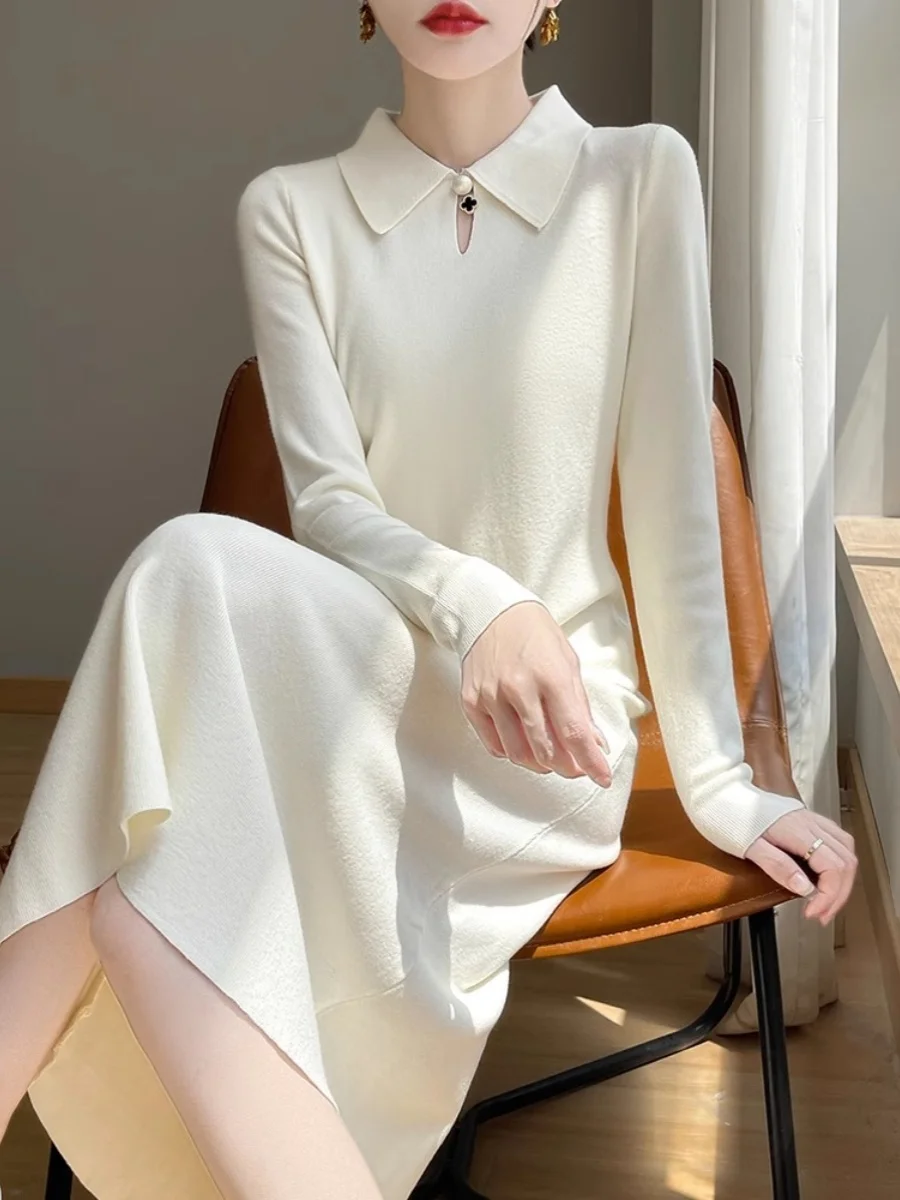 긴 니트 드레스 여성용 가을 겨울 블랙 미디 무릎 길이 칼라 니트웨어 드레스 하이 웨이스트 A라인 스커트 단품