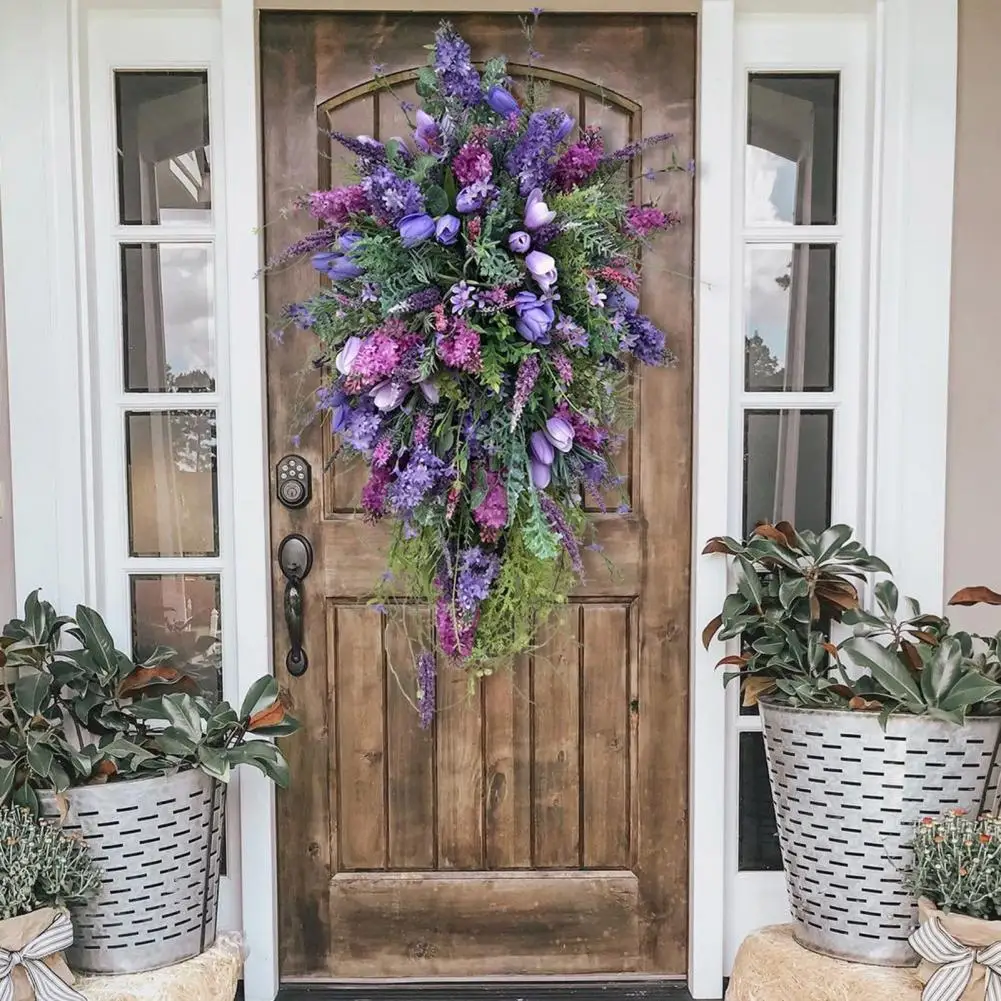 soft-petal-wreath-197-inch-purple-lavender-tulip-teardrop-wreath-artificial-floral-swag-with-green-leaves-front-for-wedding