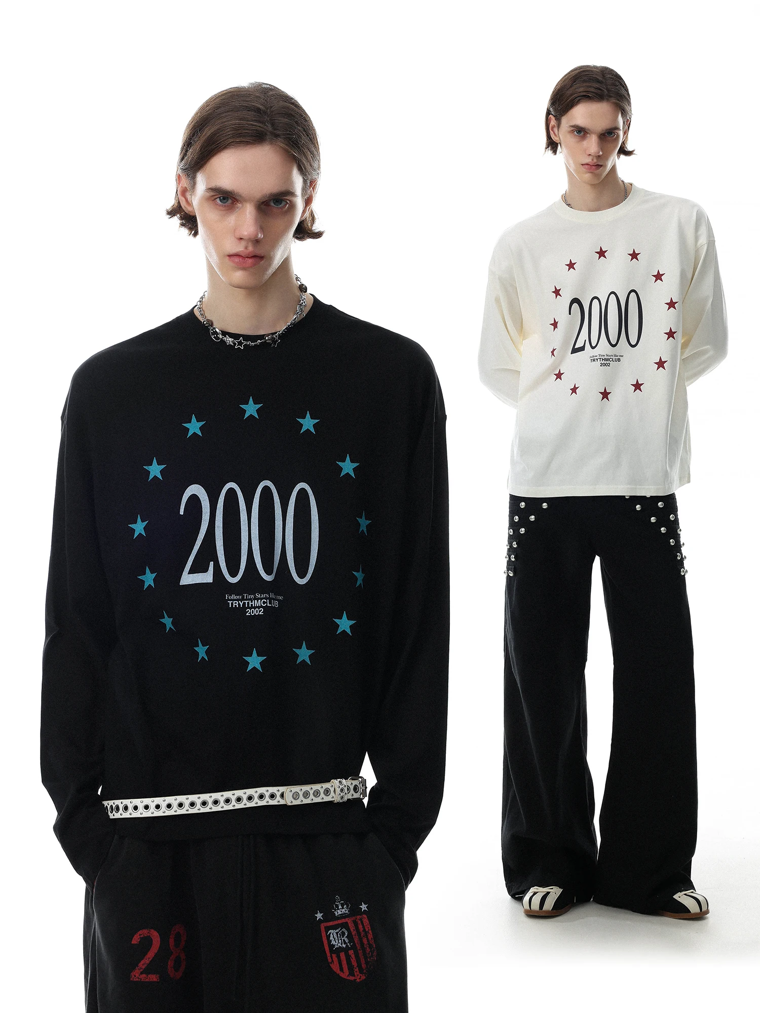 American Retro Long Sleeve T-Shirt Men's Loose Fit round Neck Star Print Cotton Casual Versatile Top MR NEARLY Brand