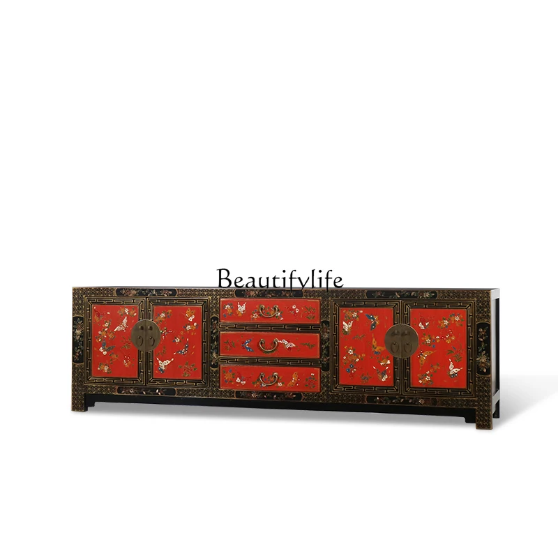 

New Chinese-style painted TV cabinet solid wood antique living room storage hand-painted retro audio-visual cabinet gold-painted