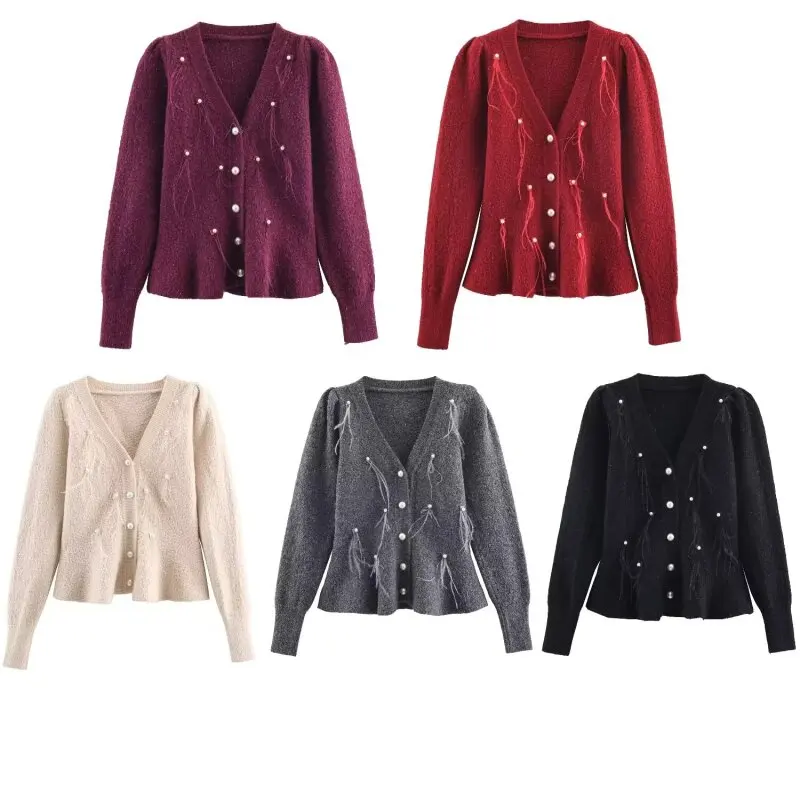 

Women’s Multicolor Feather Trim Knit Cardigan Top Jacket Outerwear Casual Fashion Chic