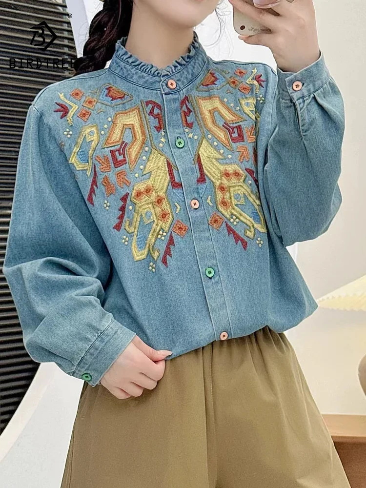 

New 2025 Autumn Long Sleeve Denim Shirt, Women Ruffled Geometry Embroidery, Mori Girl Retro Ethnic Style Loose Blouse T58725CC