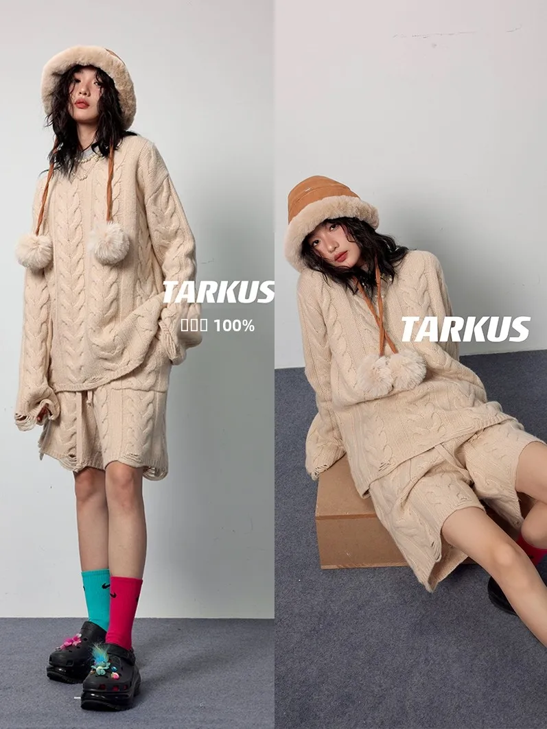 

Теплый вязаный комплект TARKUS из 100% шерсти: свитер с узором «косичка», тяжелый шерстяной свитер, длинный свитер-пуловер с круглым вырезом