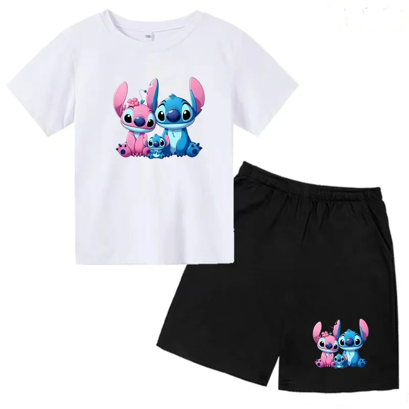 

Kids Clothes 3-12 Year T-shirt Fashion Cute Stitch Anime Print Boys Girls Toddler Short Sleeve+Shorts 2P Sports Party Casual Set