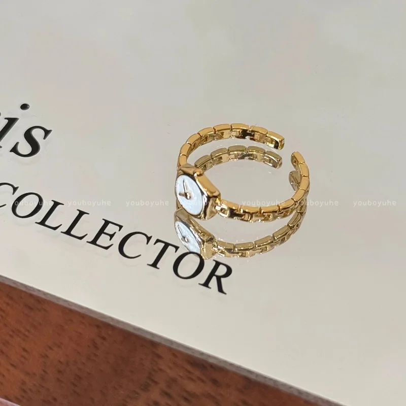 Creative Enamel Clock Link Chain Open Adjustable Ring Women Ins Personalized Finger Ring Fashion Jewelry Friends Gifts