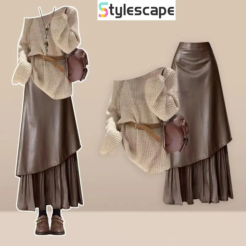 Top de malha retrô preguiçoso combinado com saia de couro de cintura alta conjunto de duas peças para outono e inverno 2025 baddie conjunto de 2 peças
