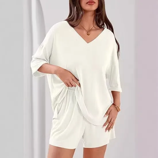 

2026 Summer Solid Color Short-sleeved T-shirt Three-point Shorts Two-piece Casual Suit Women