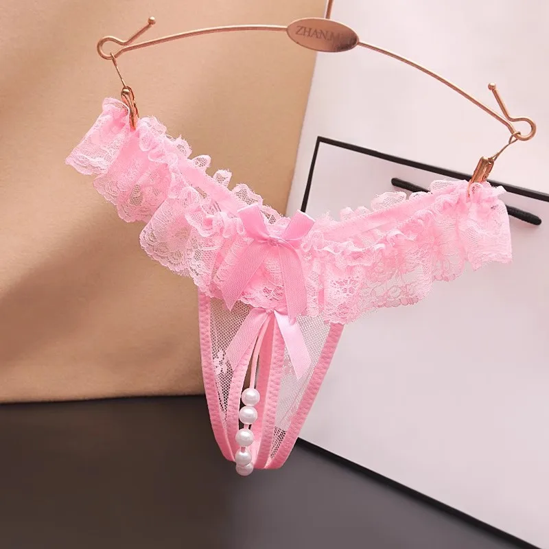 

Розовые кружевные стринги с Т-образной спинкой и низкой талией, сексуальные трусики с открытой промежностью, эротическое белье, женское нижнее белье с жемчугом, эластичные стринги для секса
