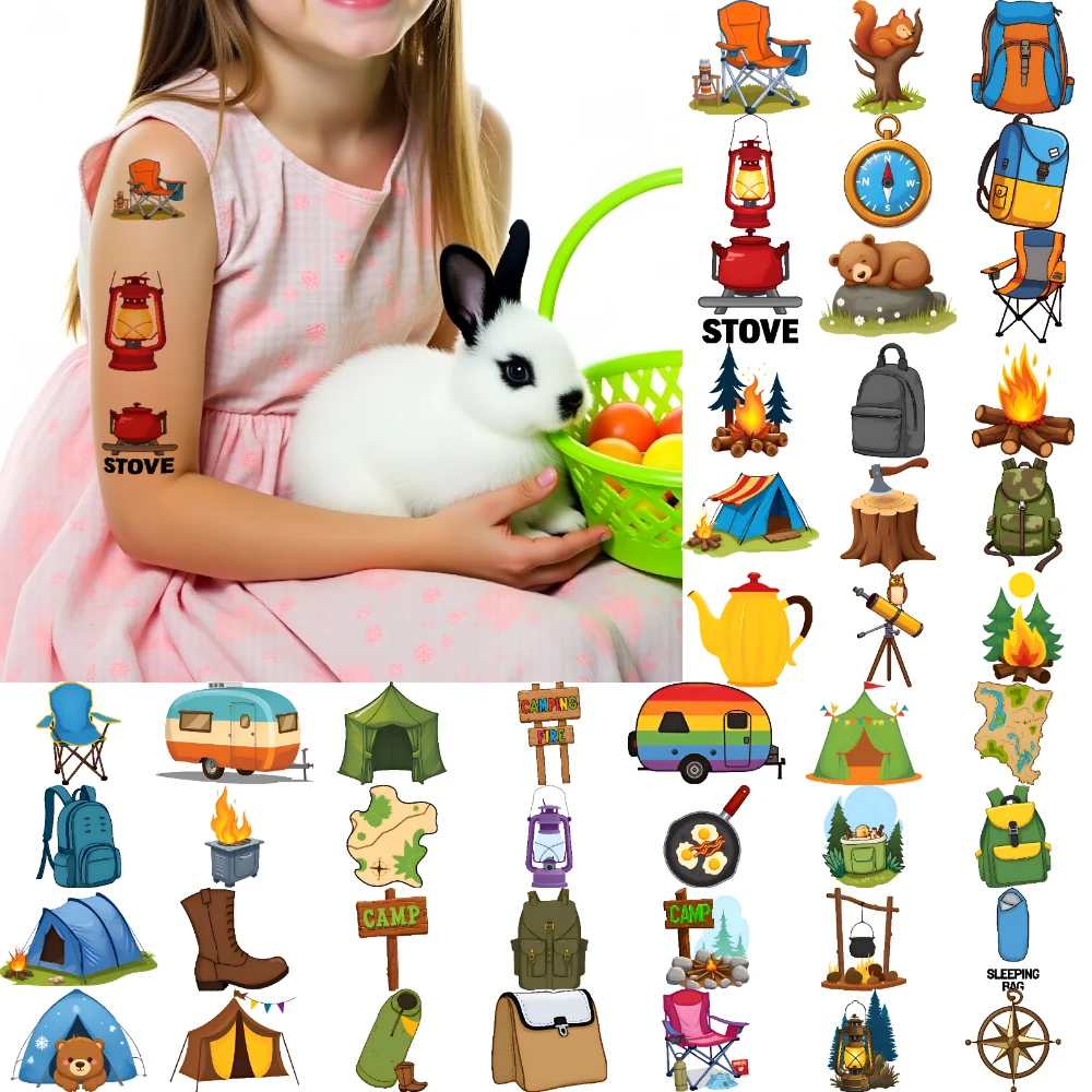 

63 шт., временные татуировки, уличные наклейки, мультяшный лагерь, значки для кемпинга, временные татуировки, наклейки для оружия, плеч, мальчиков