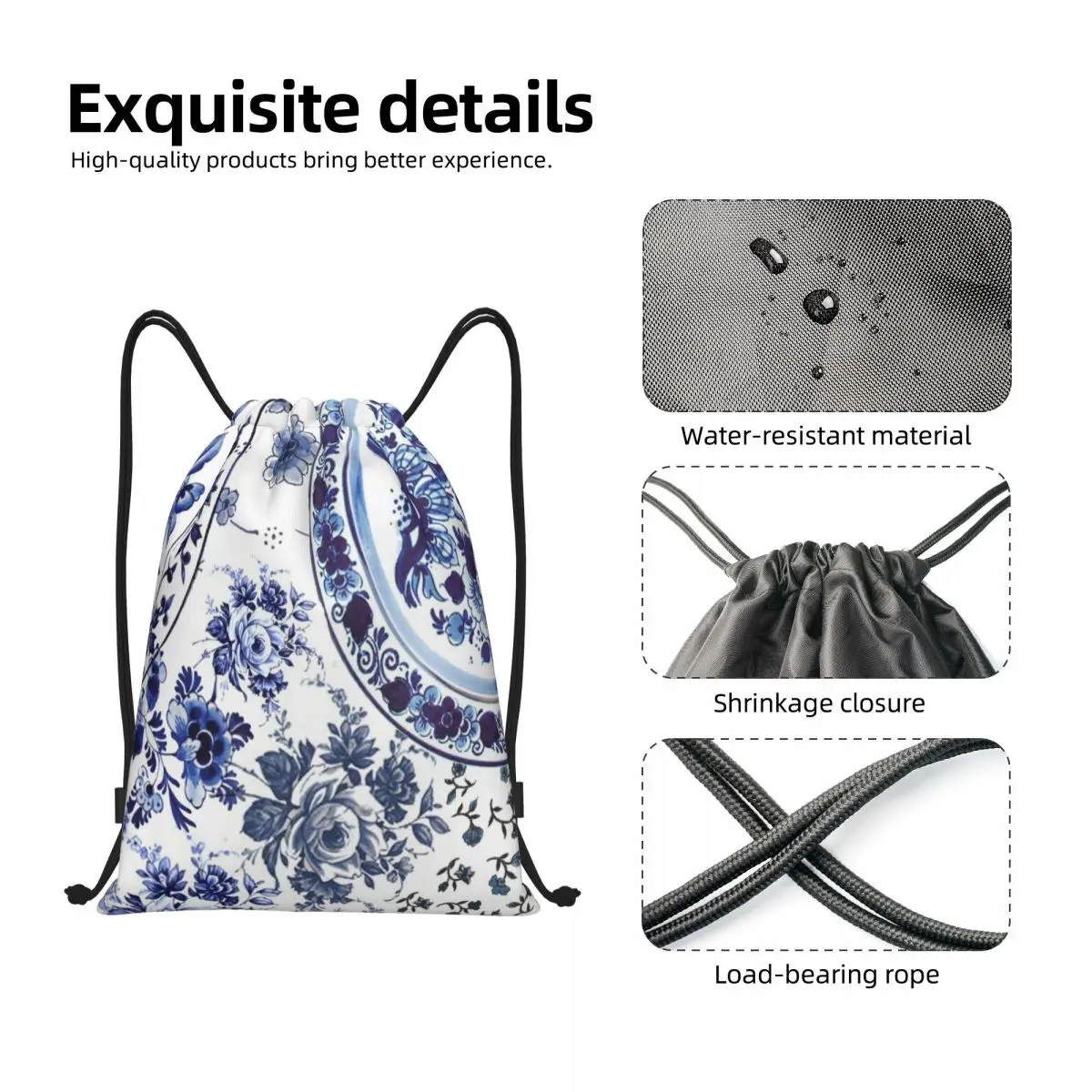 مخصص خمر Delft الأزرق الزهور الخزف طباعة الرباط على ظهره الرياضة حقيبة قاعة رياضة للنساء الرجال الأزهار الفن التدريب كيس