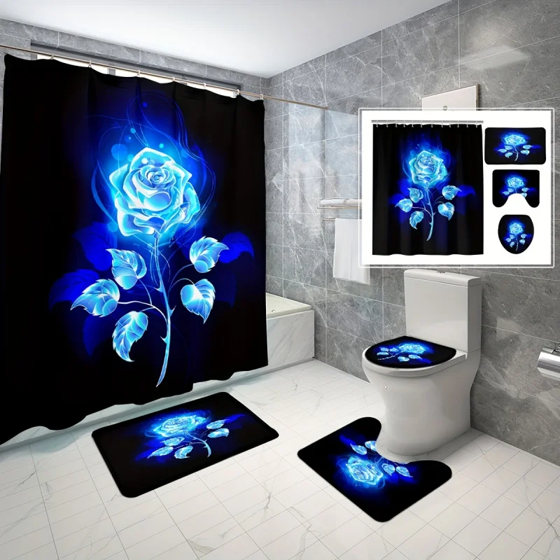 Blue Neon Rose shower set non-slip mats, modern art design waterproof polyester bath curtain with 12 hooks, to