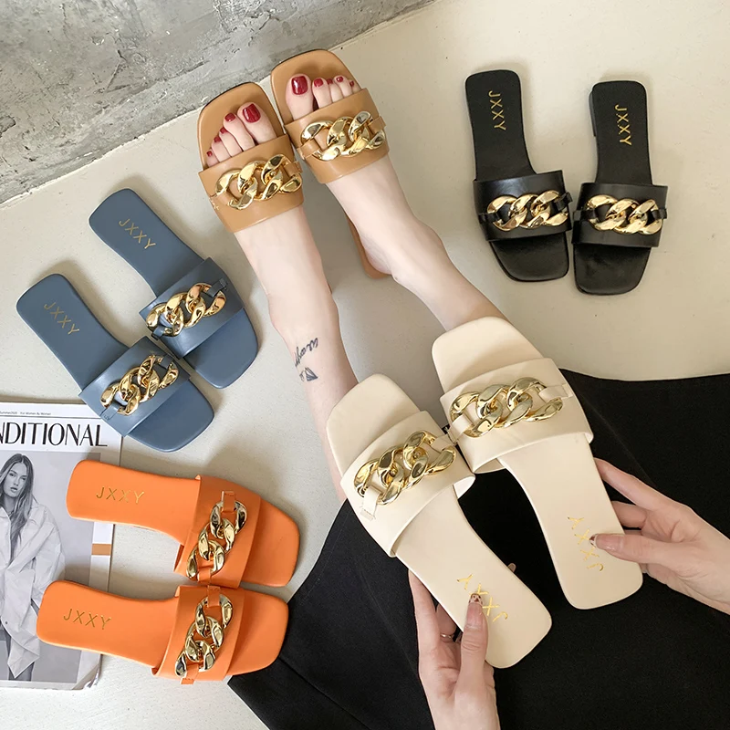Zapatillas de moda con cadena y punta cuadrada para mujer, Sandalias planas, chanclas de playa, zapatos informales con decoraciรณn de Metal, novedad