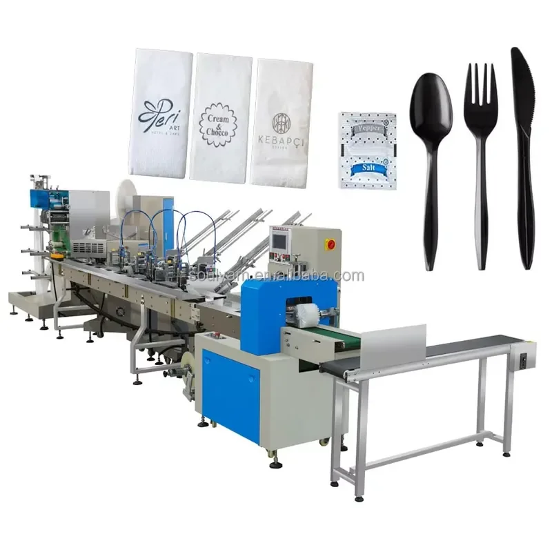 2026 CE Automatic Disposable Cutlery Set Packing Machine for Napkin Tissue Spoon Fork Knife Toothpick Salt Pepper Sugar Wipes
