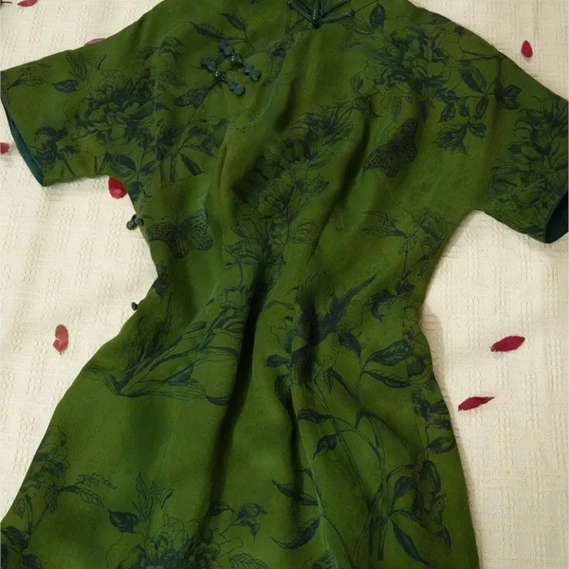 New Chinese Style Improved Cheongsam Dark Green Printed Bottoming Dress