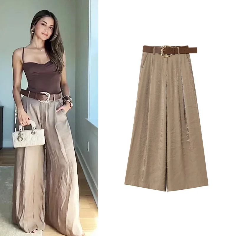 

Women Satin Trousers With Belt Spring Summer Simple Women's Pants Versatile Female Loose Pants Pocket Wide Leg Pants