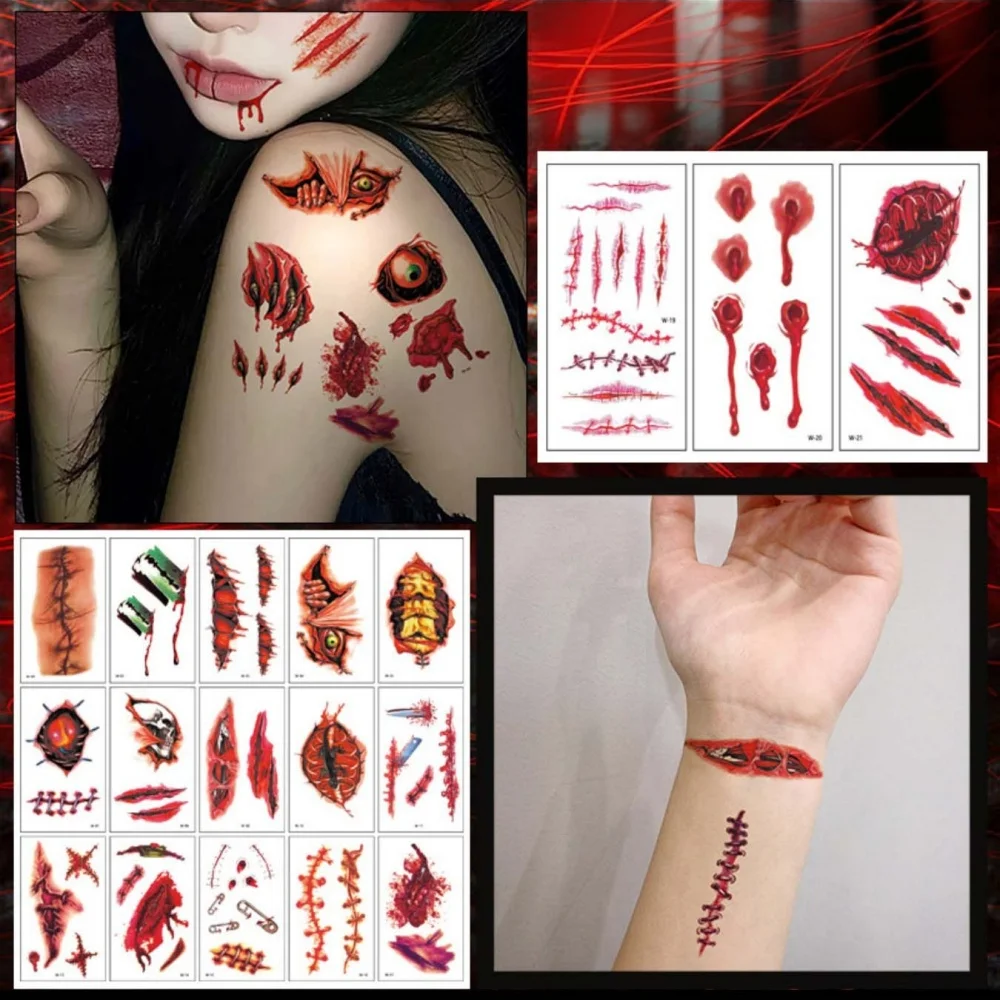 30Pcs Halloween Temporary Tattoo Stitches Scar Blood Wound Transfer Sticker Waterproof Body Art Tattoo For Party Cosplay