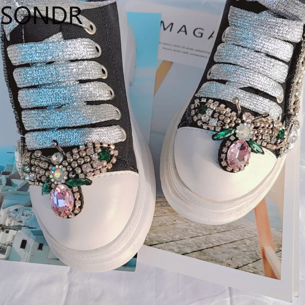 Womens Round Toe Rhinestones Sneakers Platform DIY Tassels Diamonds Casual High Heel Girls Gift Shoes Sport