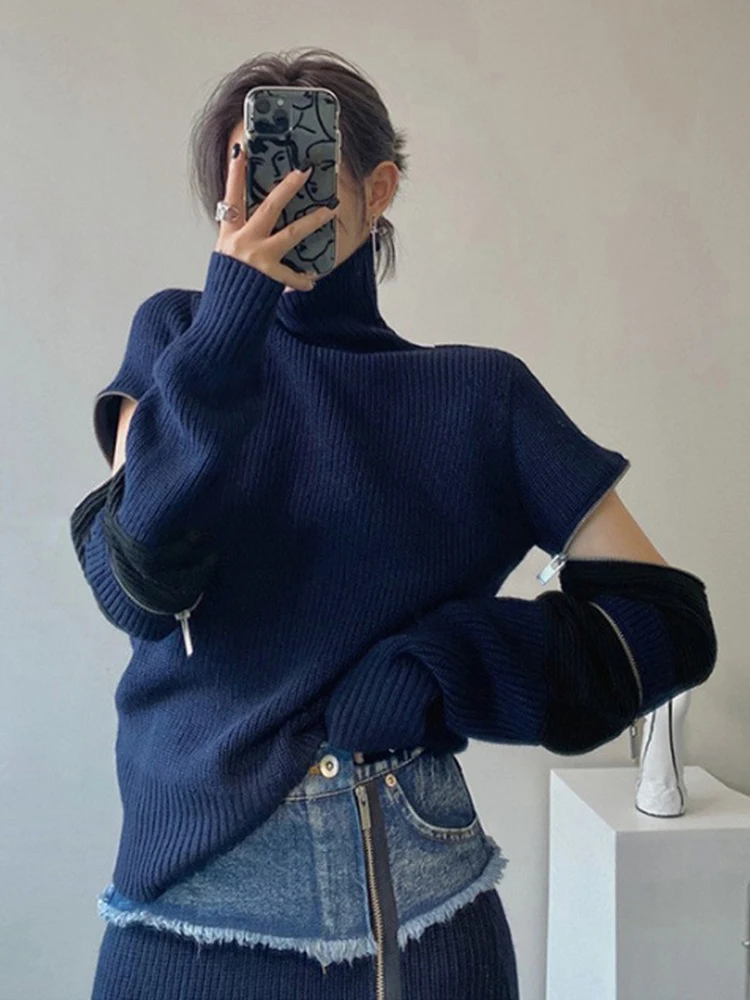 BZVW 2025 Autumn Zip Open Sleeve Design High Neck Sweater Denim Patchwork Long Skirt Set Women's Two Piece Fashion New 25X3219