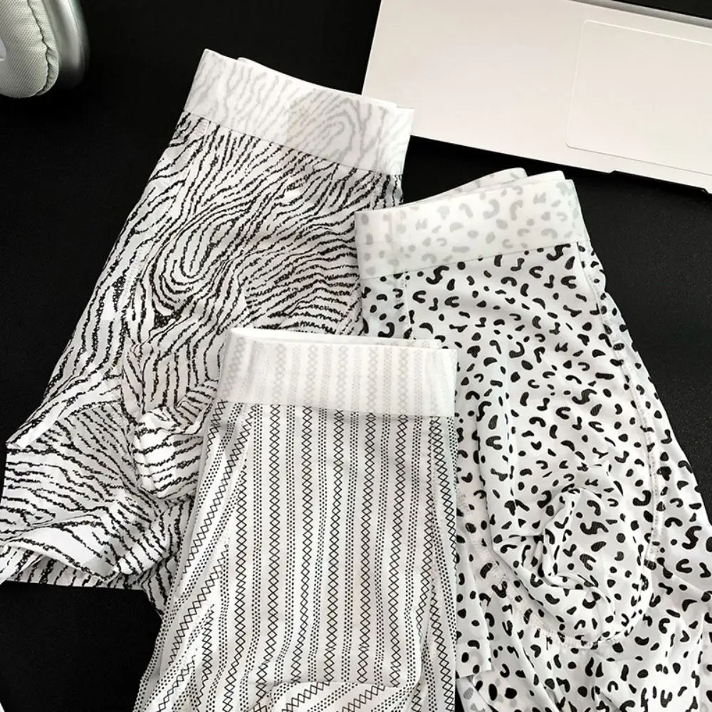 

Fashion Thin Ice Silk Boxer Briefs See Through Stripe Leopard Print Boxers Lingerie Seamless Cool Feeling Underpants Male