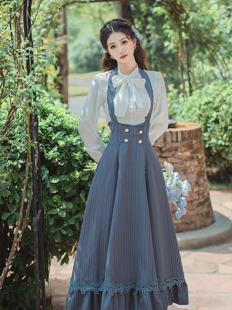 Retro Hepburn Lolita Girl Bow Long Sleeve White Shirt Blouse Striped Slim Fit Lace-up Halter Long Dress Two-Piece Set Women