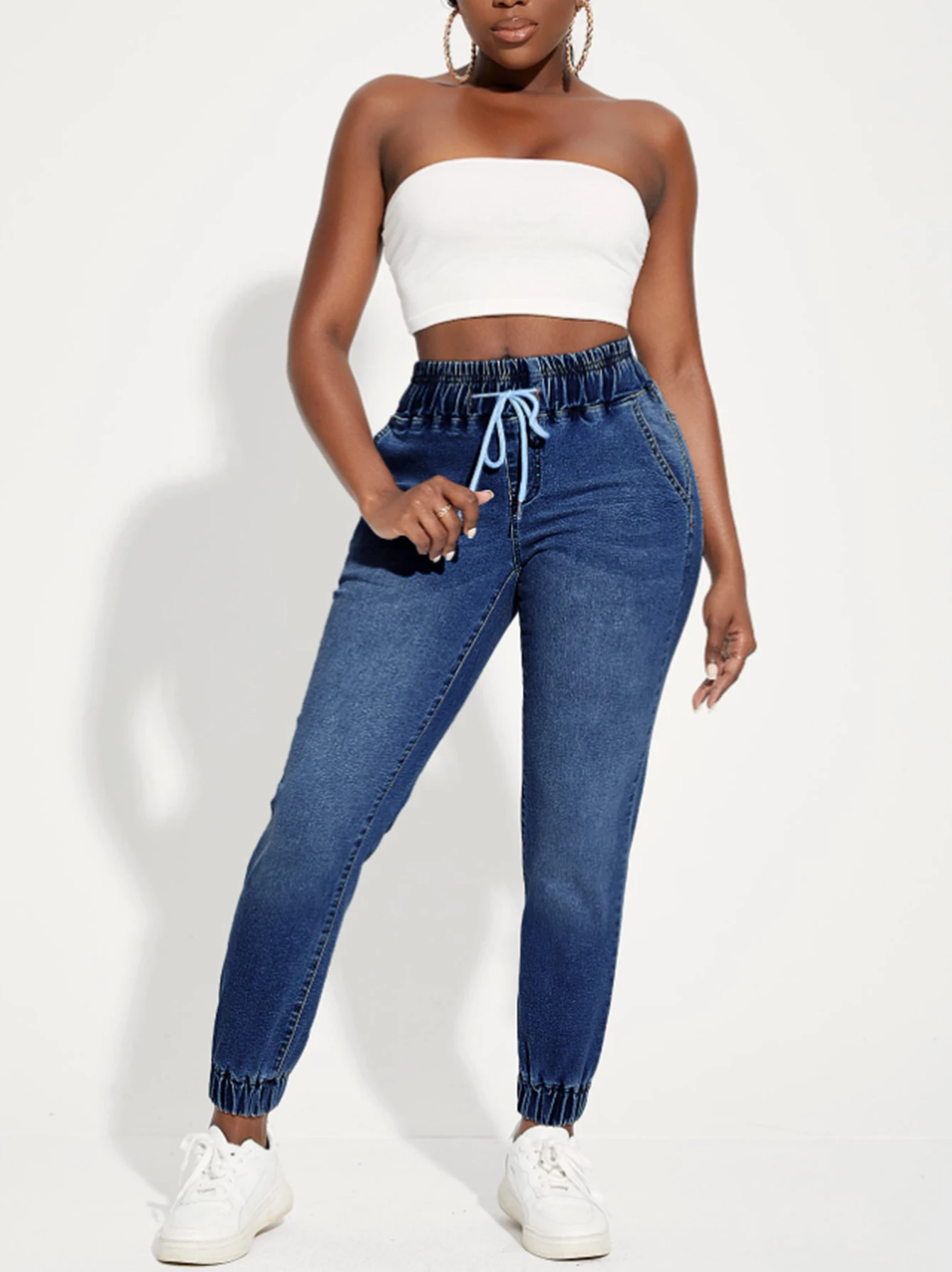 Vaqueros de mujer, pantalones vaqueros elásticos estilo deportivo con cordón y cintura elástica