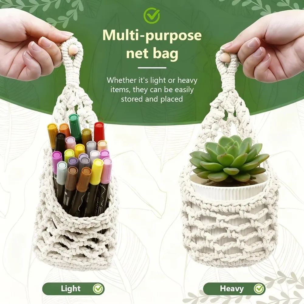 Boho Macrame Wall Plant Hanger Cotton Woven Fruit Net Bag Hollowed-out for 4 Inch Pots Storage Mesh Bag