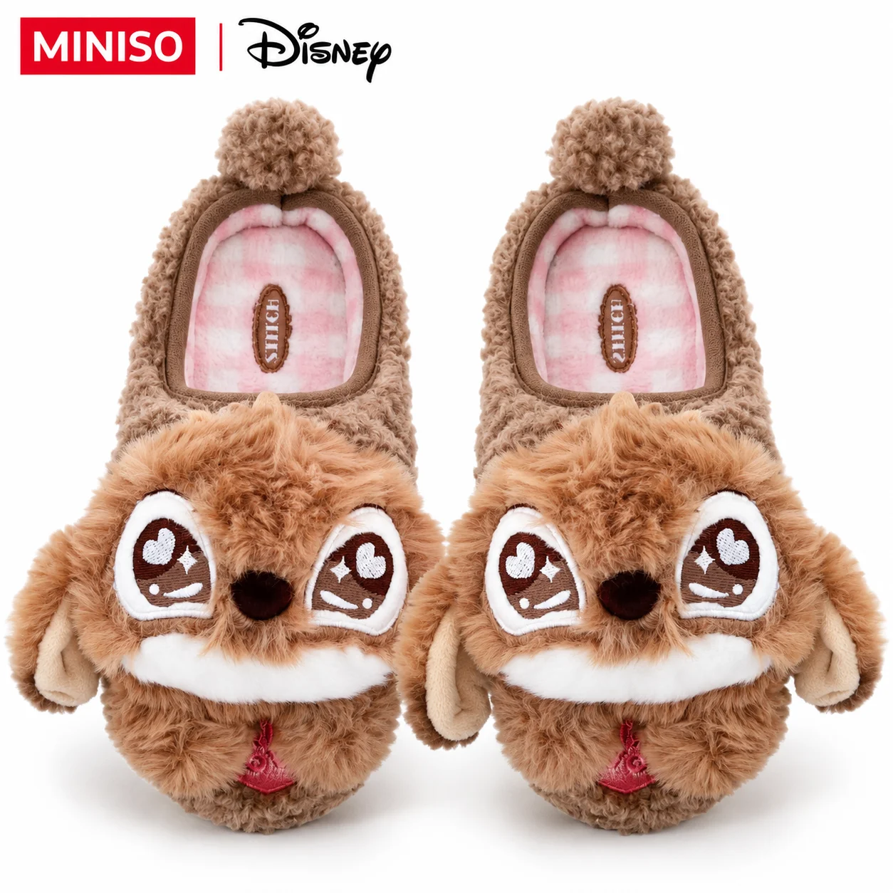 MINISO Disney Stitch Plush Slippers Cute 3D Character Warm Indoor House Shoes Soft Fuzzy Non Slip Winter Home Slippers for Women
