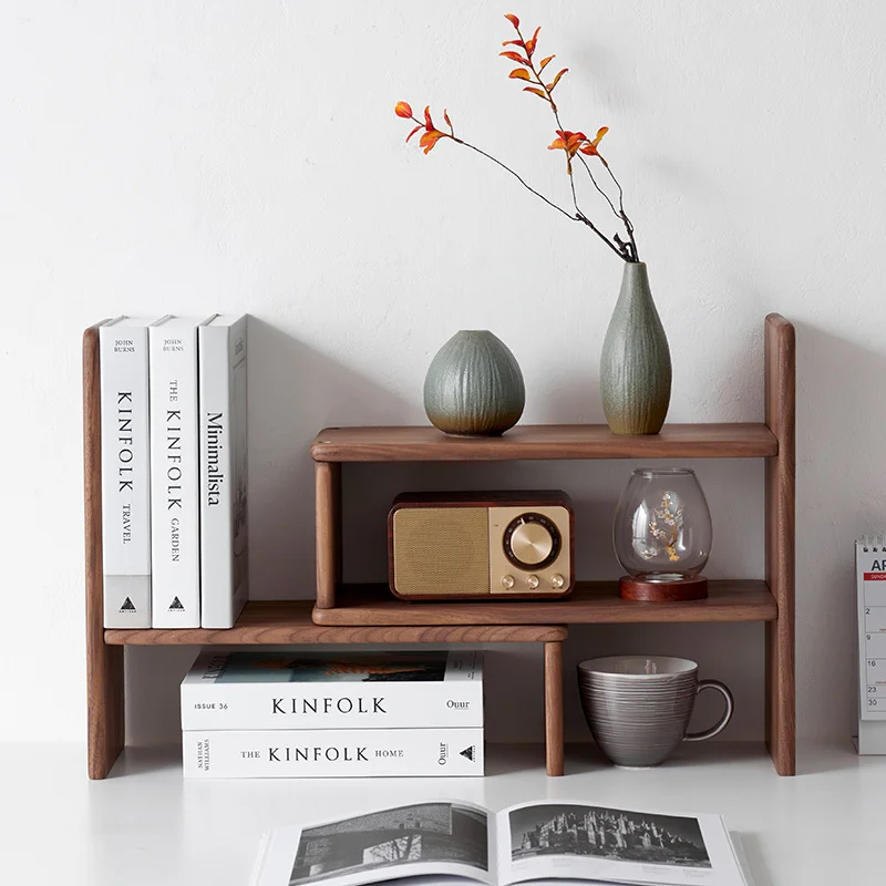 Walnut Wood Extended Desk Organizer Multi-Tier Office Bookshelf Minimalist Wooden Storage Shelf