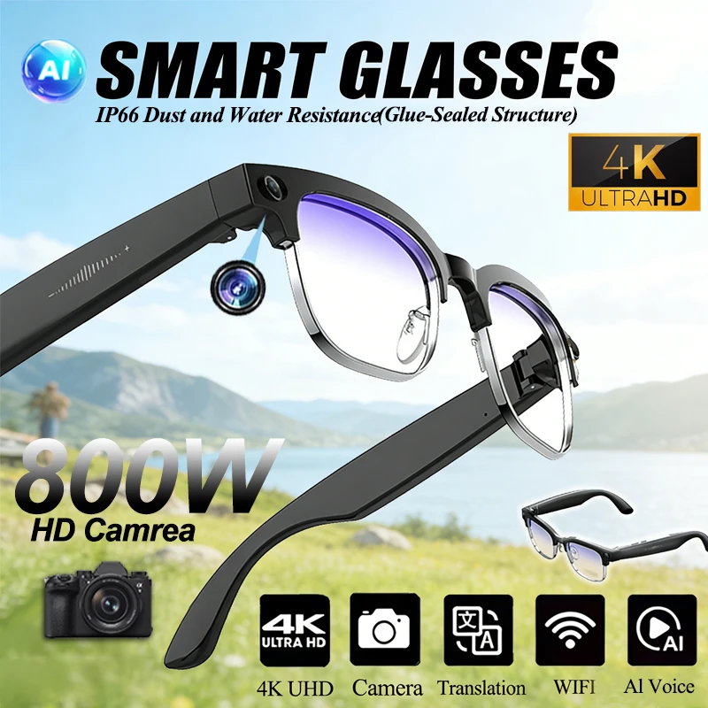 

Смарт-очки в деловом стиле с HD-камерой 800W, распознаванием изображений ИИ, переводом, ИИ-помощником по вопросам, голосовым помощником, водонепроницаемостью IP66