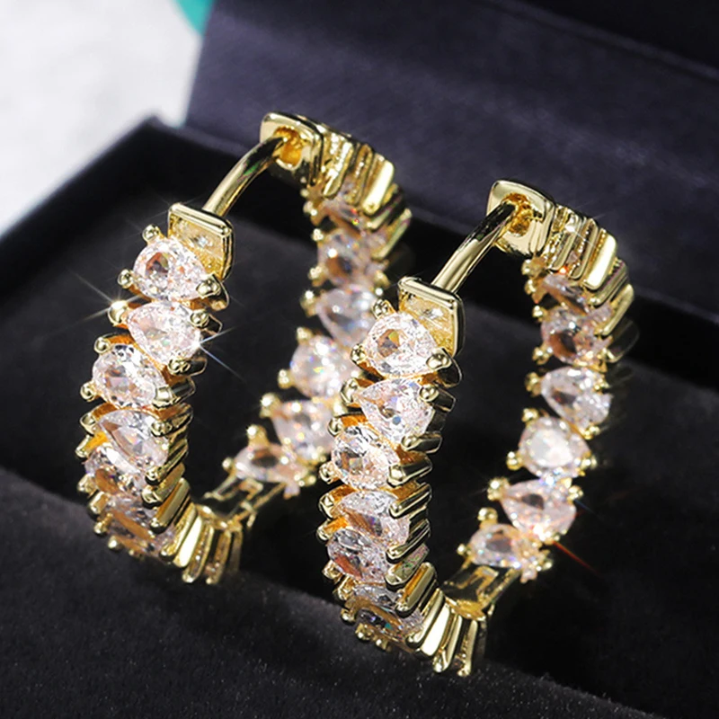 UILZ Female Luxury Crystal Square Bride Hoop Earring Silver Color Wedding Jewelry White Zircon Stone Earrings for Women