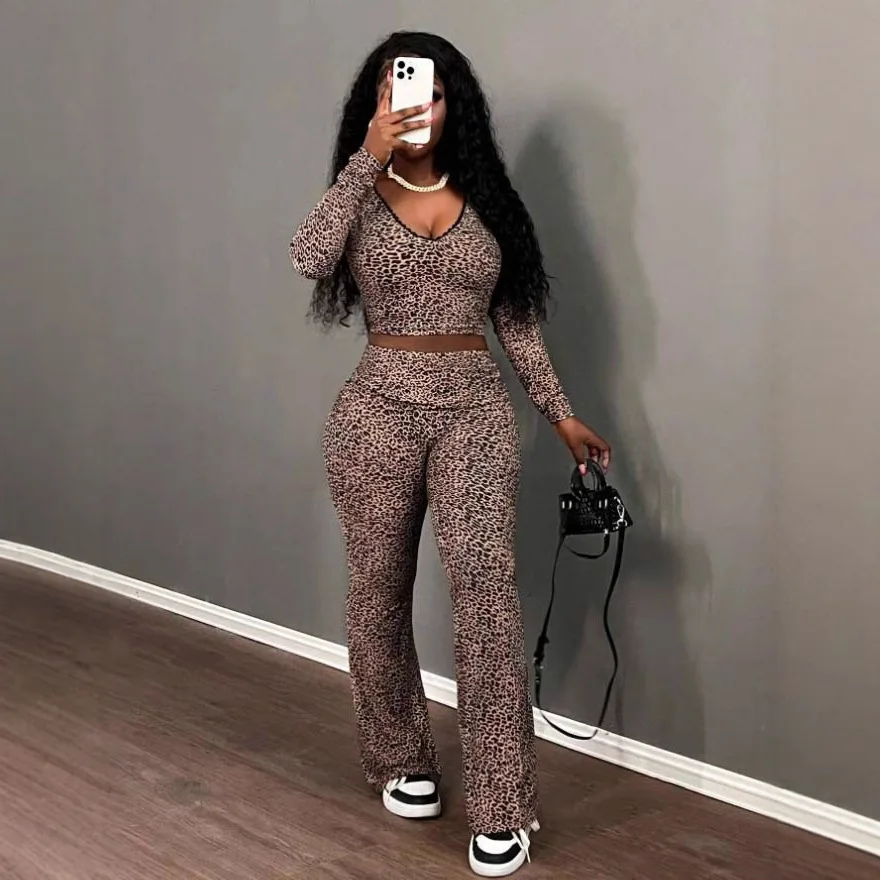 Customized LOGO European American women\'s clothing 2025 spring V-neck lace leopard print sexy casual high-waisted suit