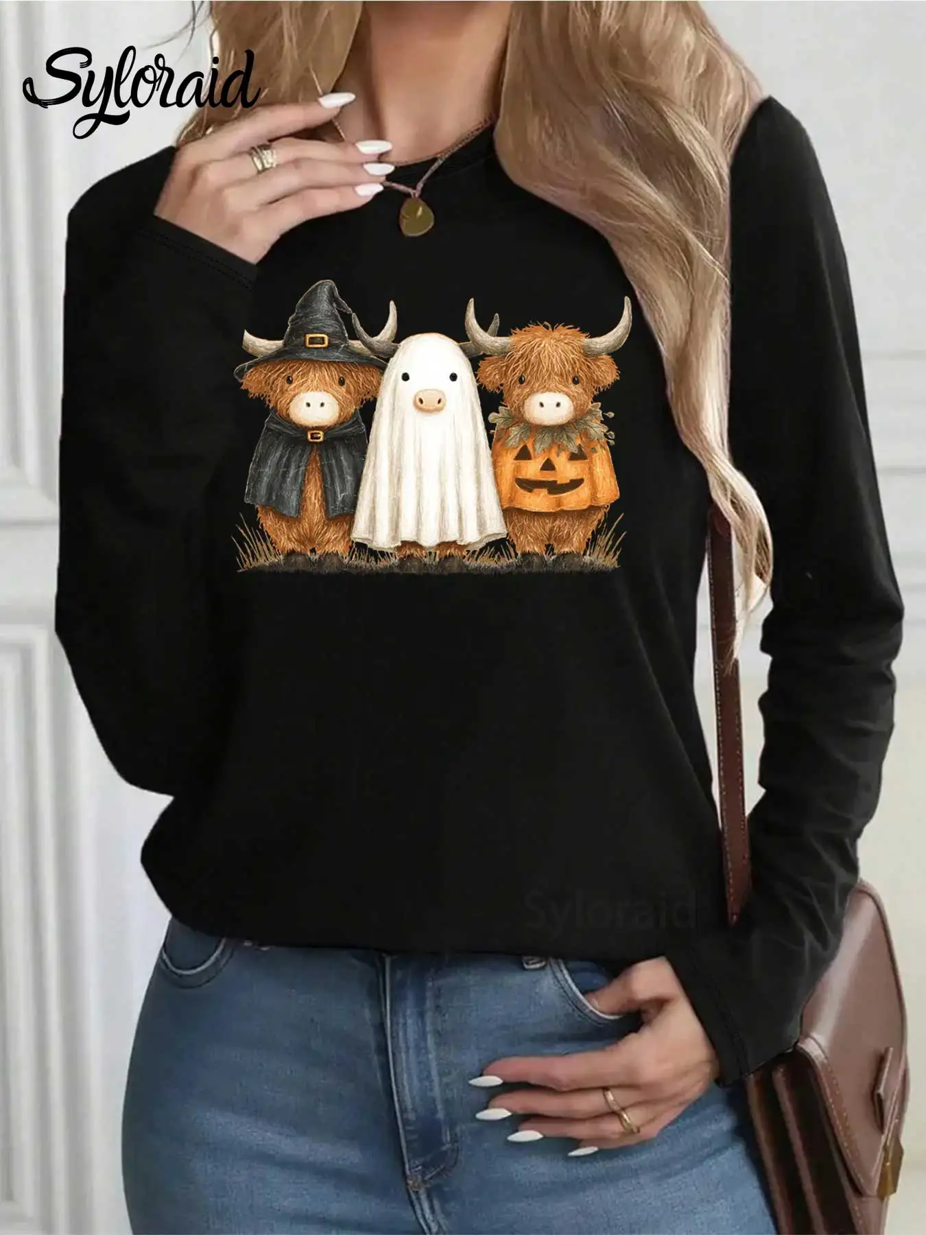 تي شيرت نسائي بأكمام طويلة تي شيرت للهالوين هايلاند بقرة تي شيرت Moo I Mean Boo قميص عصري برقبة دائرية كاجوال #2