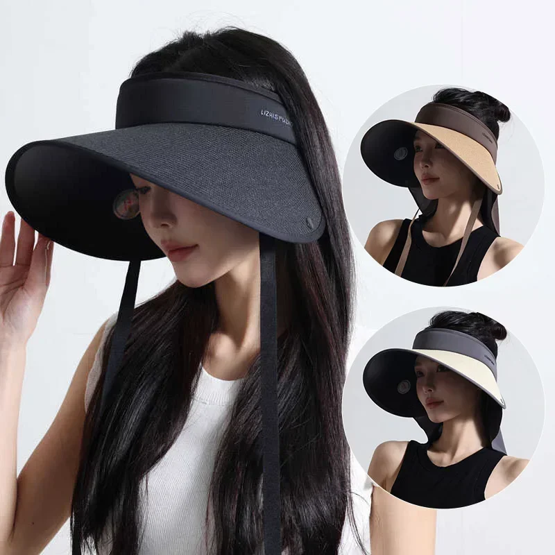 Women Summer Empty Top Hat With Shawl Travel Beach Foldable Sunscreen Cap Female Outdoor Wide Brim Sun Protection Caps