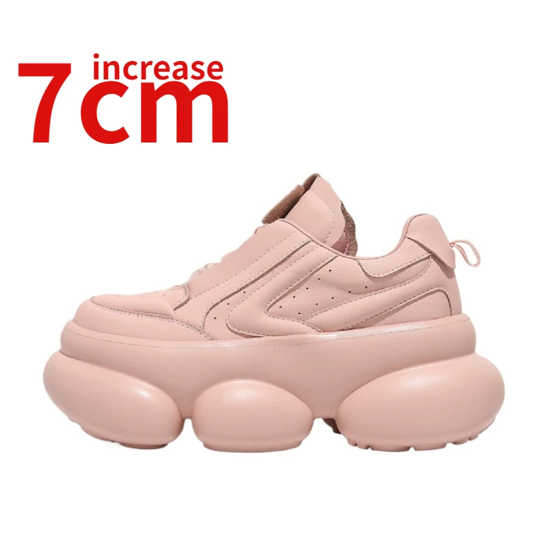 

Height Increased 7cm Popular Fashion Thick Soled Bread Shoes for Women's Trendy Versatile Genuine Leather Pink Red Leisure Shoes