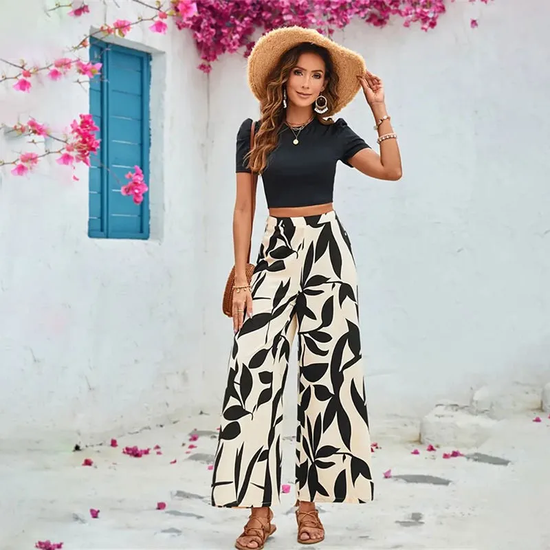 Summer Pants Two-piece Set With Leaf Print Casual Wide Leg Pants Short Sleeved Tight Fitting Cropped T-shirt Pants Set 2024 New