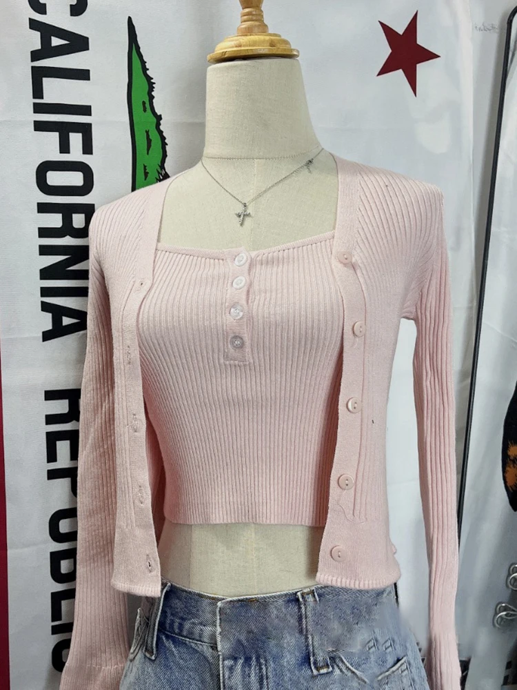 Pink Knitted Slim Long Sleeve T Shirt For Women Autumn V Neck Cotton Button Tees Tops Y2k Vintage Sweet Ruffles Crop Top Female