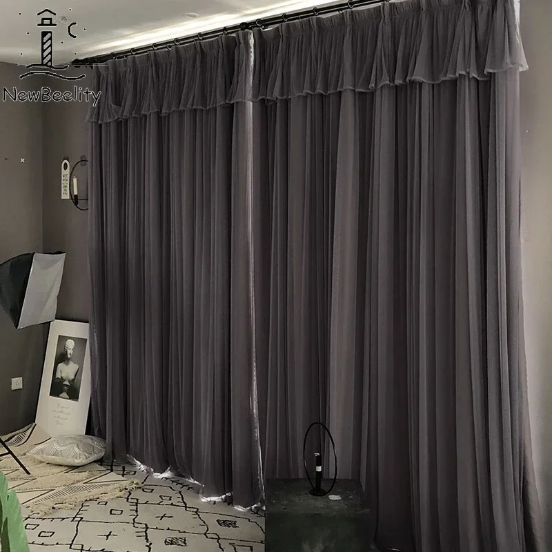 

French Cloth Gauze Double Layer Dark Gray Curtains for Living Room Bedroom Blackout Custom Small Lace Decor Luxury Tulle Fabric