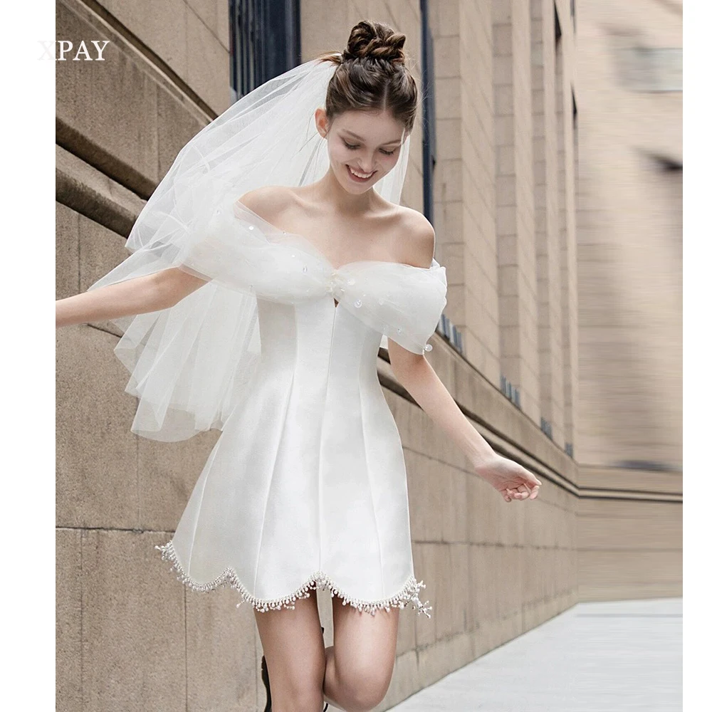 XPAY-Vestido de novia Sexy con hombros descubiertos, minivestido de novia de satén con velo, hecho a medida, sesión de fotos, Corea