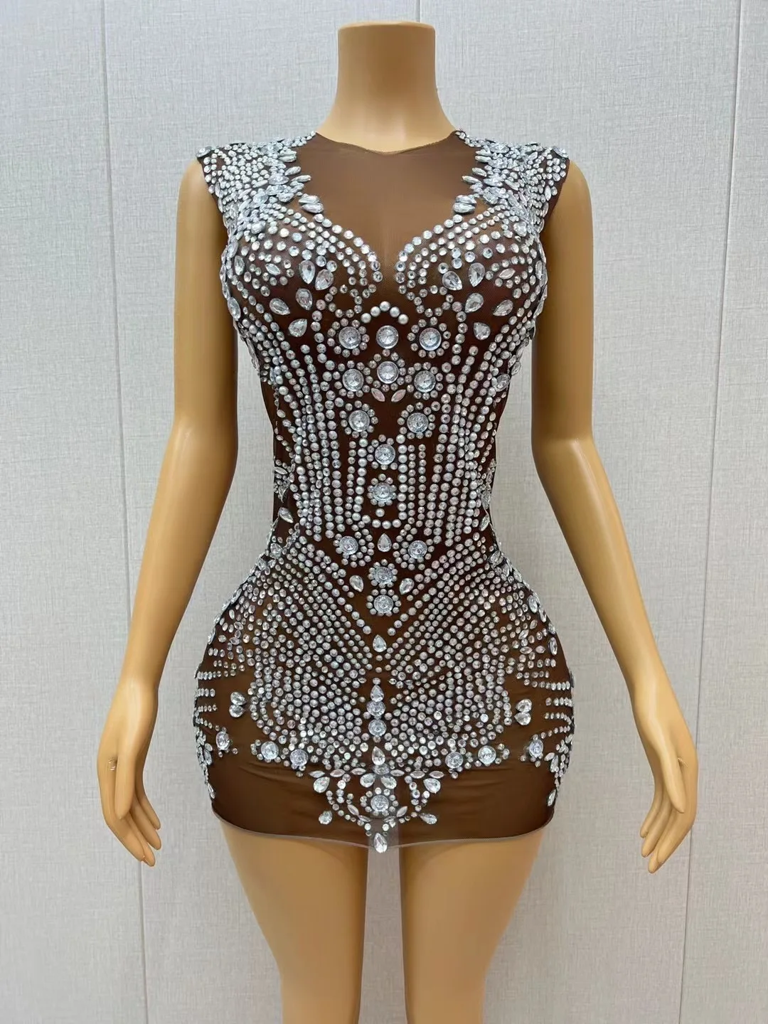 

Brown Mesh Silver Crystals Mini Dress Evening Party Celebrate Outfit Sexy Transparent Rhinestones Sleeveless Dresses dingzhu