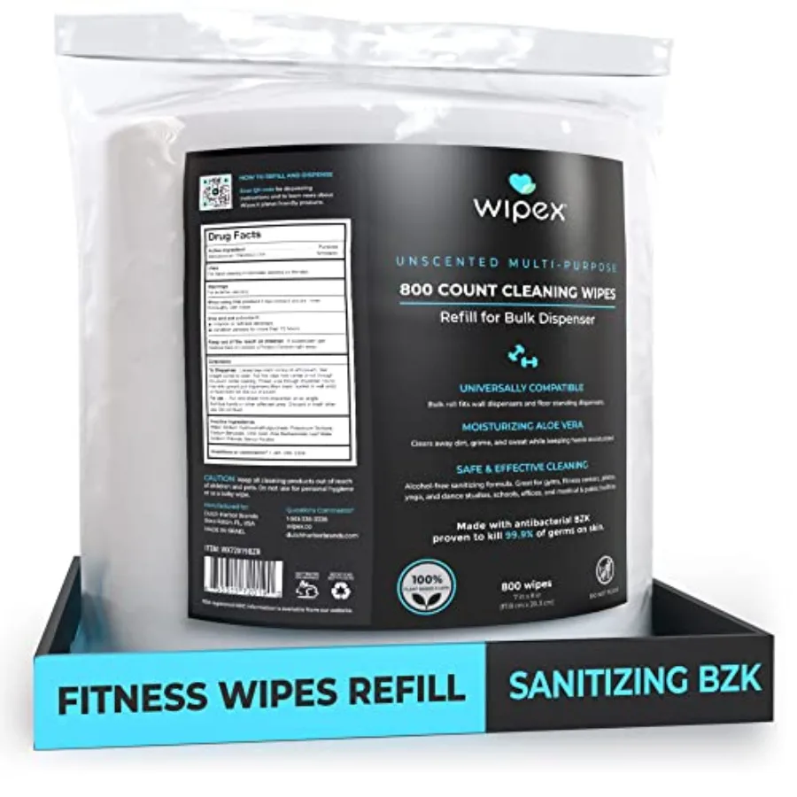 

Wipex Fitness Wipes Refill - 800ct Antibacterial Hand Sanitizing Wipe with Safe Plant Based Cloth, Bulk Commercial Size - Great