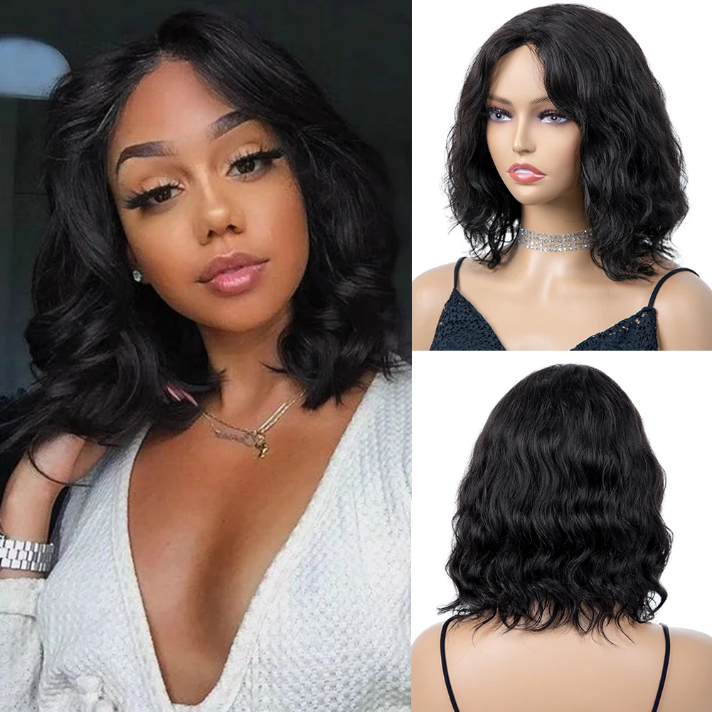 FAVE Short Bob Lace Part Human Hair Wigs For Black Women Natural Wave Brazilian Remy Hair 12 Inches Pre Plucked Bleached Knots