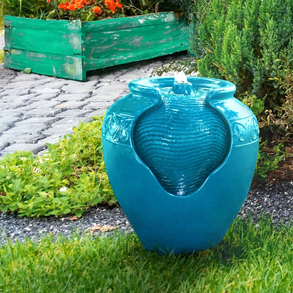 2024 New Floor Glazed Pot Water Fountain with Built-in LED Light and Pump for Outdoor Indoor, 17 Inch Height, Teal